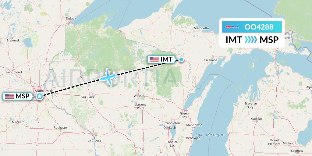 OO4288 SkyWest Airlines Flight Map: Iron Mountain Kingsford to Minneapolis