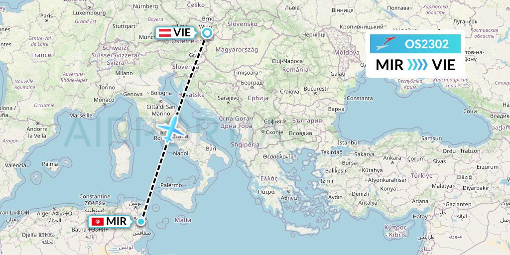 OS2302 Austrian Airlines Flight Map: Monastir to Vienna