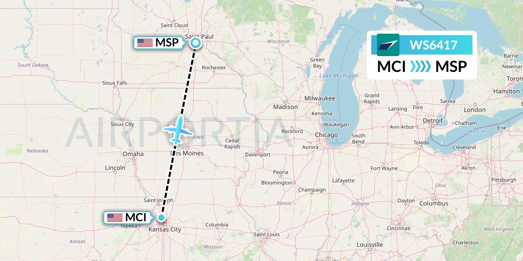 WS6417 WestJet Flight Map: Kansas City to Minneapolis