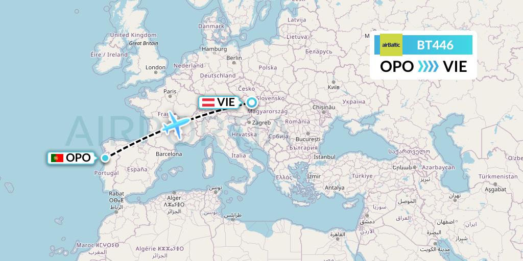 BT446 Air Baltic Flight Map: Porto to Vienna