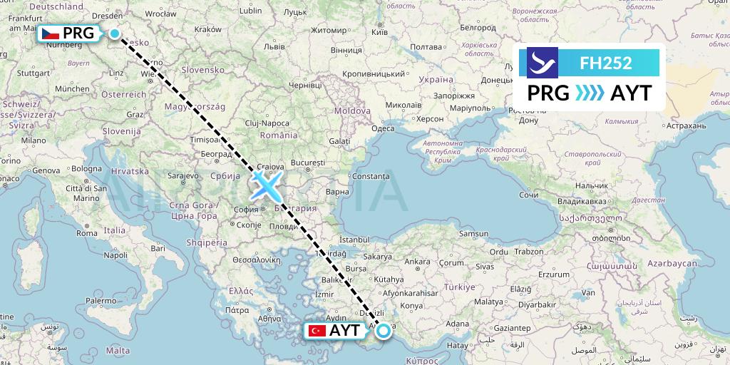 FH252 Freebird Airlines Flight Map: Prague to Antalya