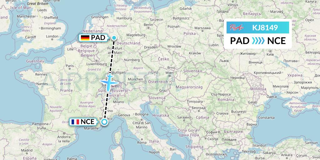 KJ8149 Air Incheon Flight Map: Paderborn to Nice