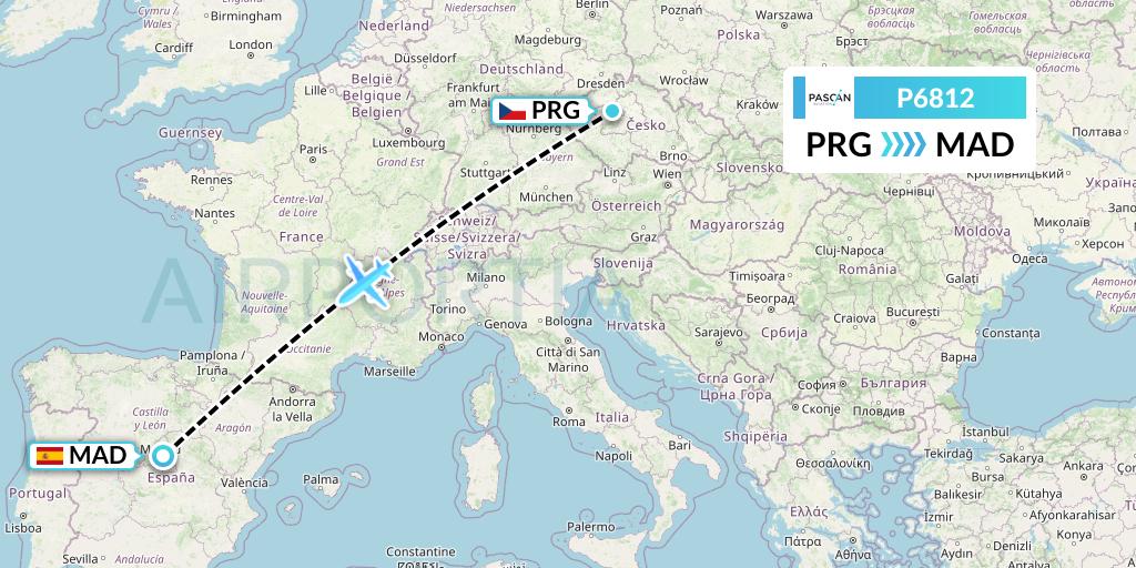 P6812 Pascan Aviation Flight Map: Prague to Madrid