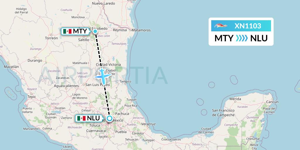 XN1103 Express Air Flight Map: Monterrey to Reyes Acozac