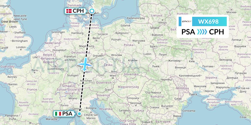 WX698 Cityjet Flight Map: Pisa to Copenhagen