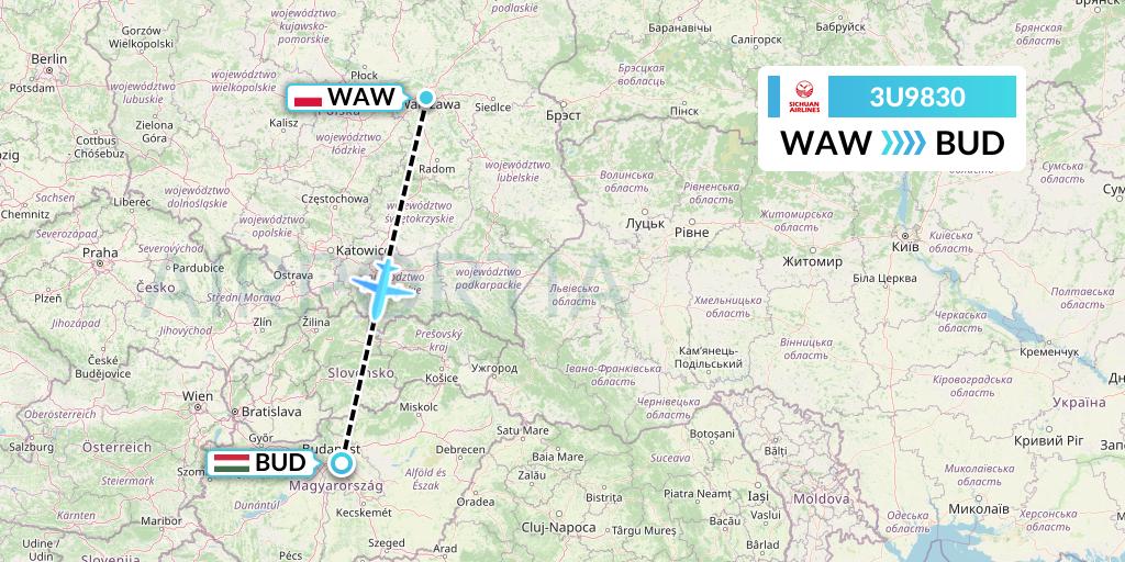 3U9830 Sichuan Airlines Flight Map: Warsaw to Budapest