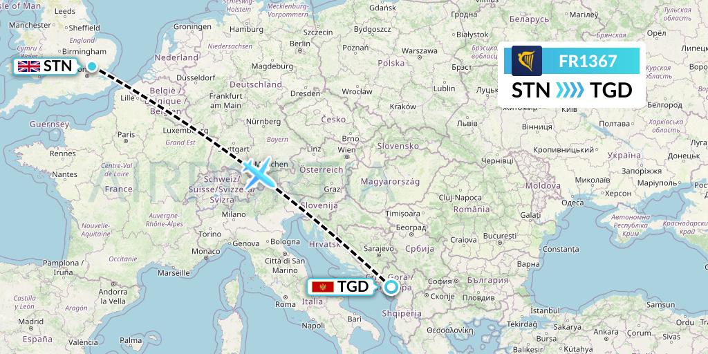 FR1367 Ryanair Flight Map: London to Podgorica