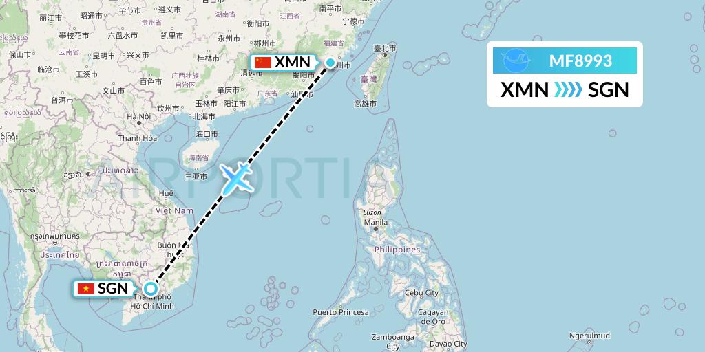 MF8993 Xiamen Airlines Flight Map: Xiamen to Ho Chi Minh City