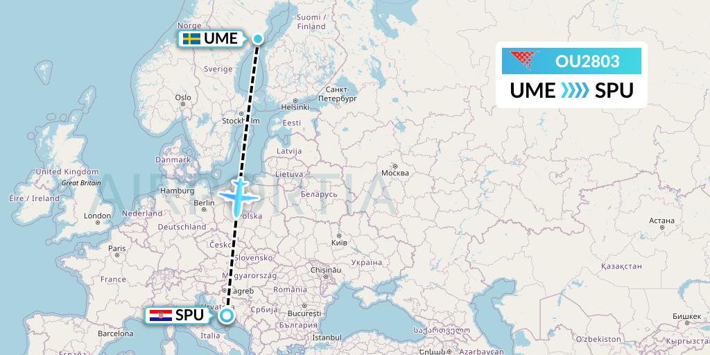 OU2803 Croatia Airlines Flight Map: Umea to Split