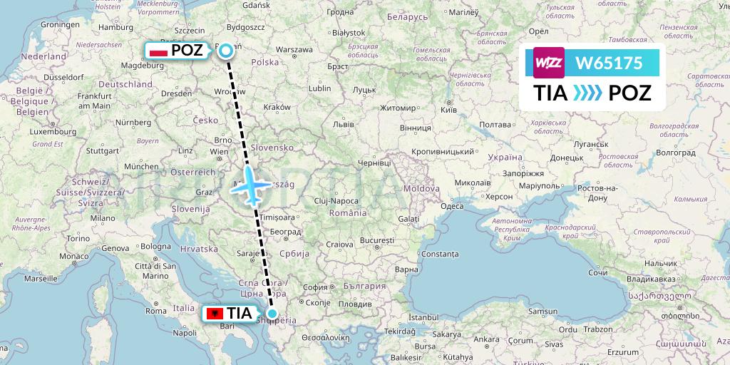 W65175 Wizz Air Flight Map: Tirana to Poznan