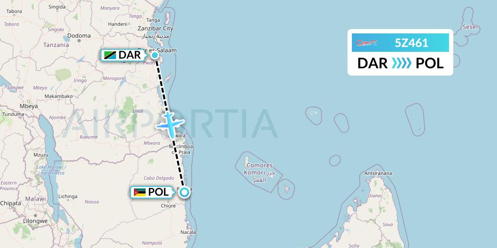 5Z461 CemAir Flight Map: Dar-es-Salaam to Pemba