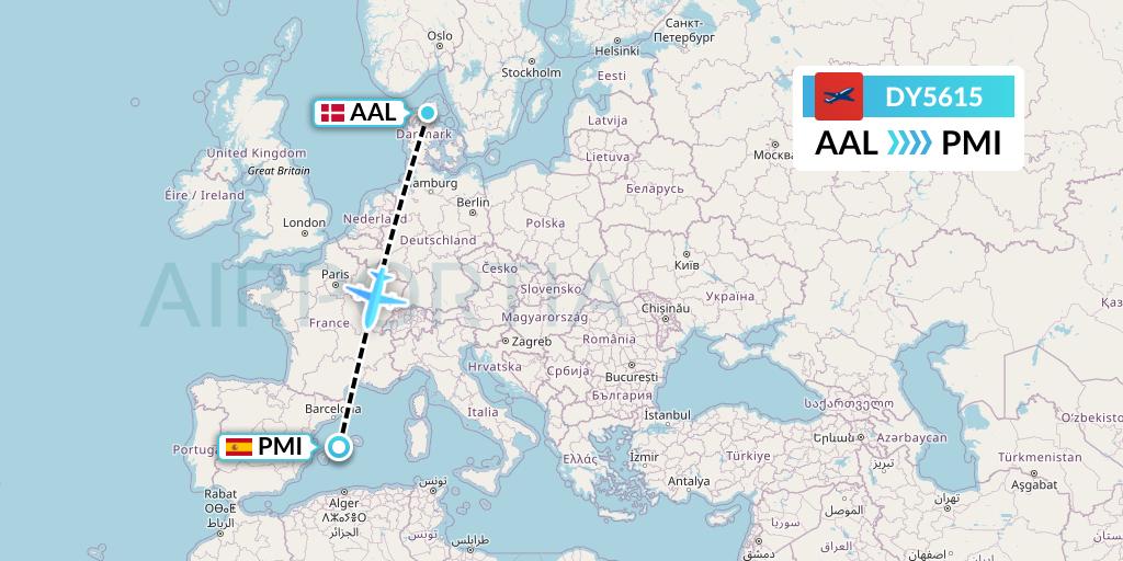 DY5615 Norwegian Flight Map: Aalborg to Palma de Mallorca