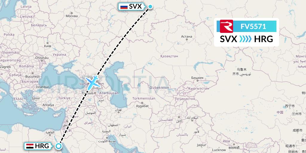 FV5571 Rossiya Flight Map: Yekaterinburg to Hurghada