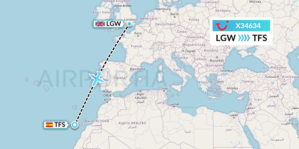 X34634 TUI fly Germany Flight Map: London to Tenerife