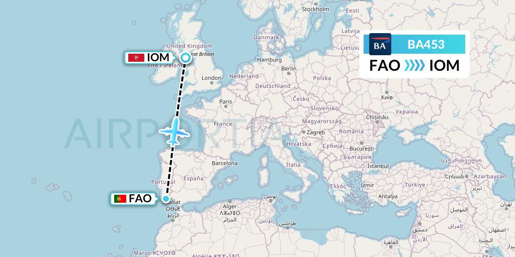 BA453 British Airways Flight Map: Faro to Isle of Man