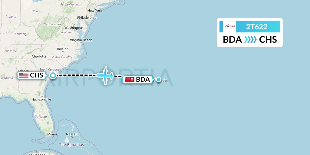 2T622 Trujet Flight Map: Bermuda to Charleston