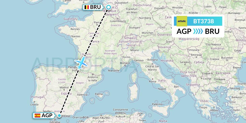 BT3738 Air Baltic Flight Map: Malaga to Brussels