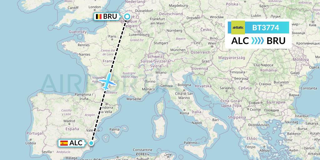 BT3774 Air Baltic Flight Map: Alicante to Brussels