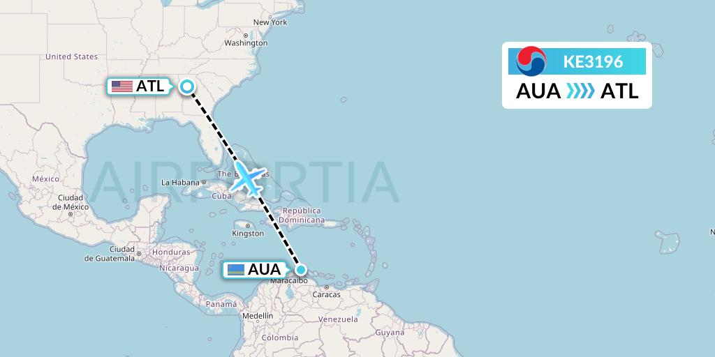 KE3196 Korean Air Flight Map: Oranjestad to Atlanta