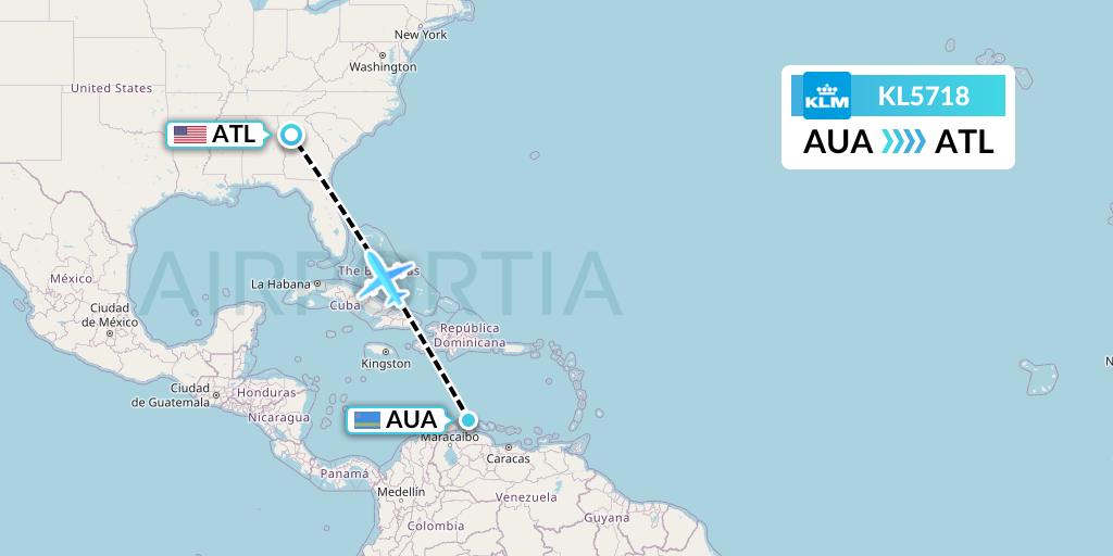 KL5718 KLM Flight Map: Oranjestad to Atlanta
