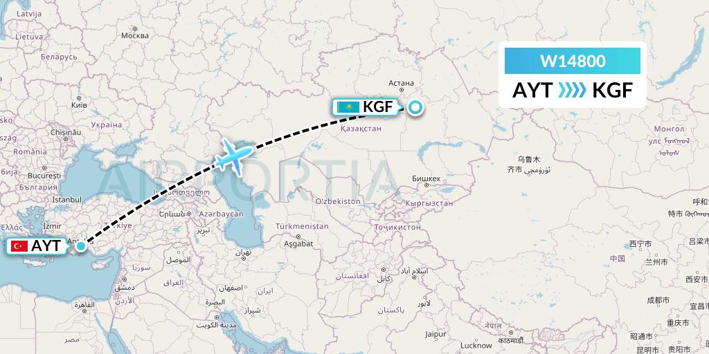 W14800 World Ticket Ltd Flight Map: Antalya to Karaganda