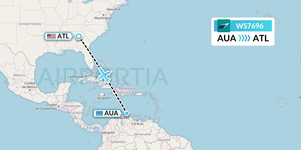 WS7696 WestJet Flight Map: Oranjestad to Atlanta
