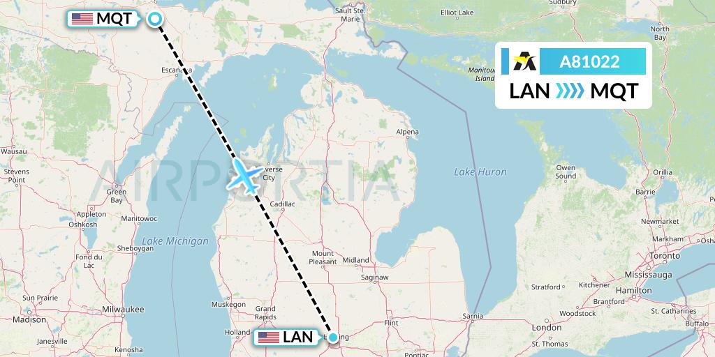 A81022 Aerolink Uganda Flight Map: Lansing to Marquette