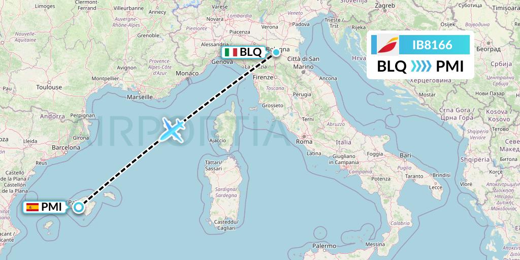 IB8166 Iberia Flight Map: Bologna to Palma de Mallorca