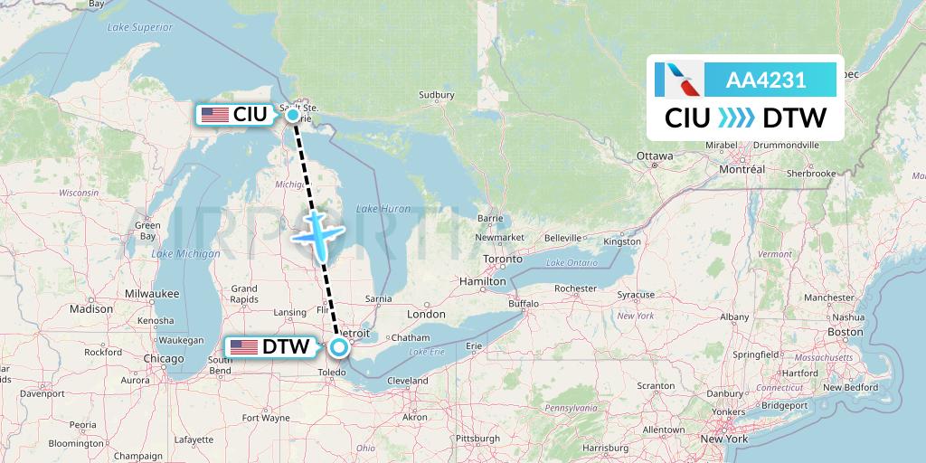 AA4231 American Airlines Flight Map: Sault Sainte Marie to Detroit