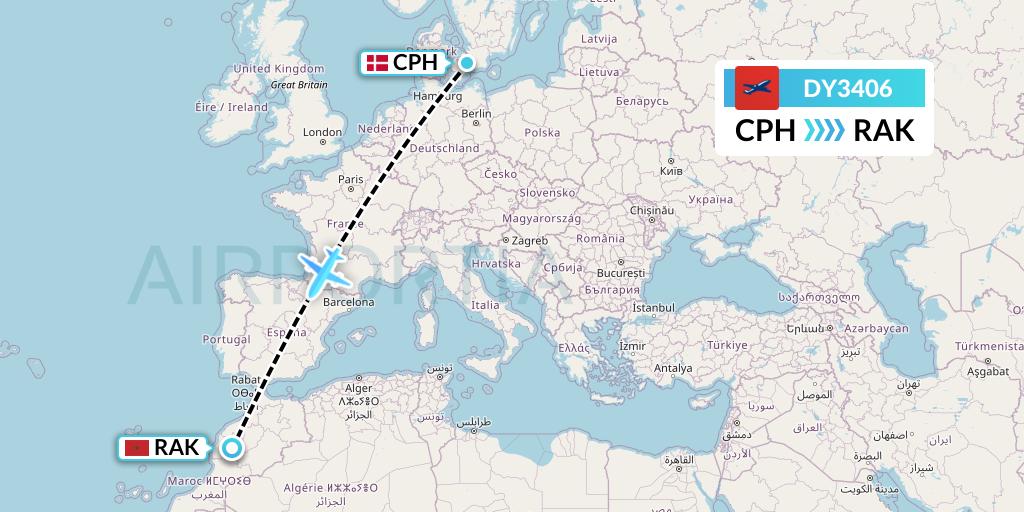 DY3406 Norwegian Flight Map: Copenhagen to Marrakesh