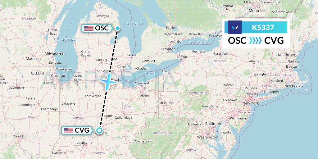 K5337 SeaPort Airlines Flight Map: Oscoda to Cincinnati