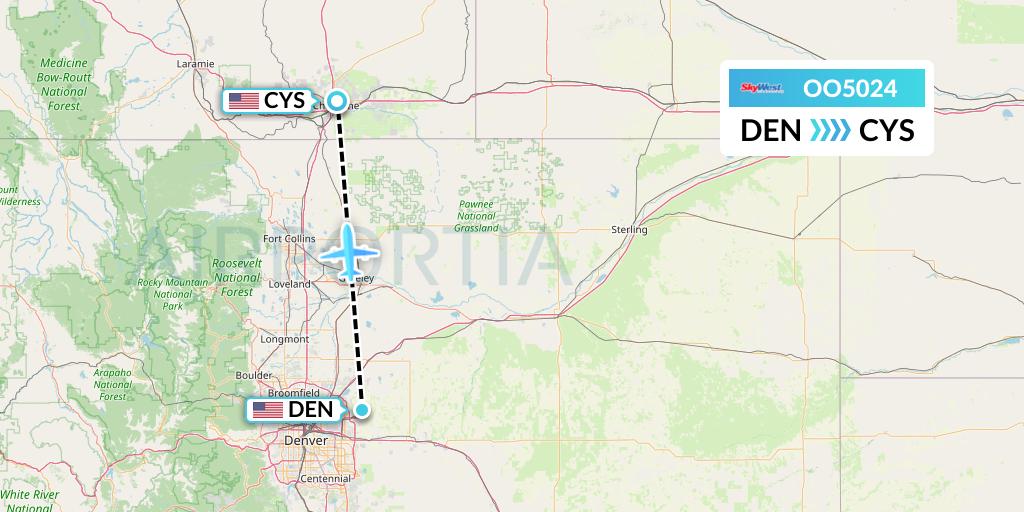 OO5024 SkyWest Airlines Flight Map: Denver to Cheyenne