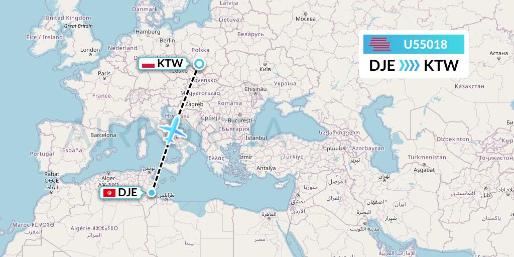 U55018 Karinou Airlines Flight Map: Djerba to Katowice