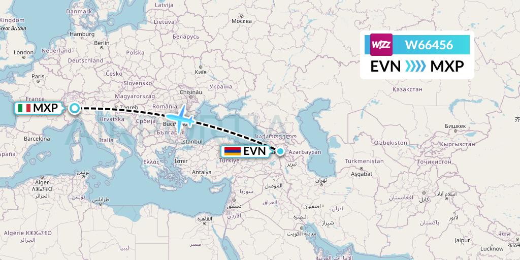 W66456 Wizz Air Flight Map: Yerevan to Milan