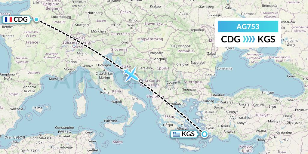 AG753 Aruba Airlines Flight Map: Paris to Kos