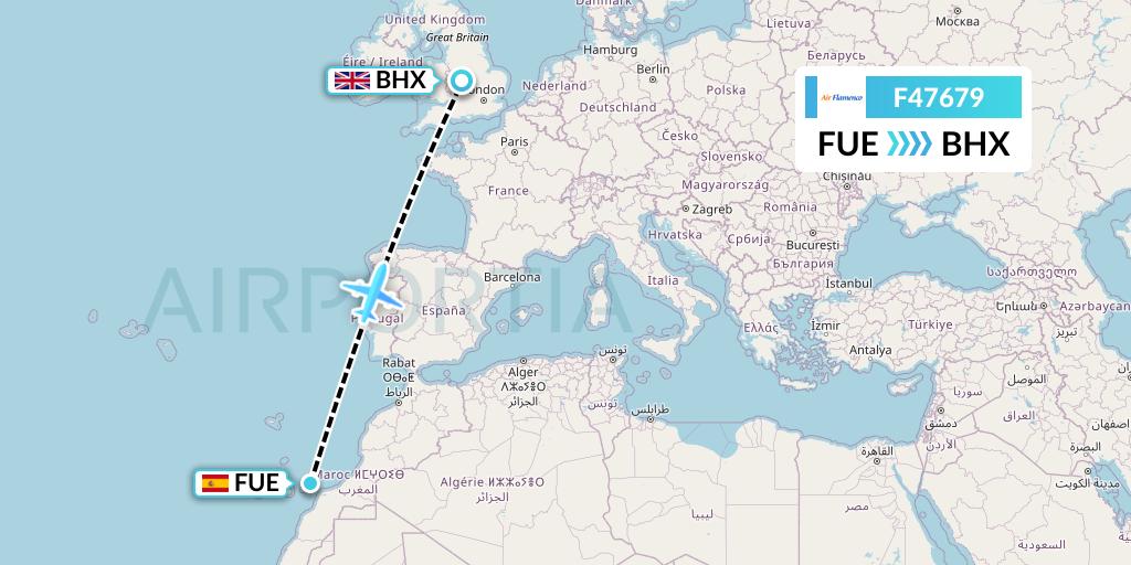F47679 Air Flamenco Flight Map: Fuerteventura to Birmingham