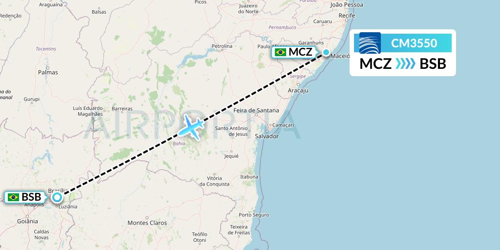 CM3550 Copa Airlines Flight Map: Maceio to Brasilia