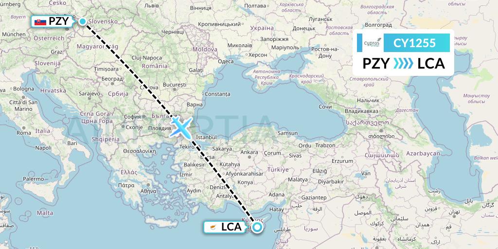 CY1255 Cyprus Airways Flight Map: Piestany to Larnaca
