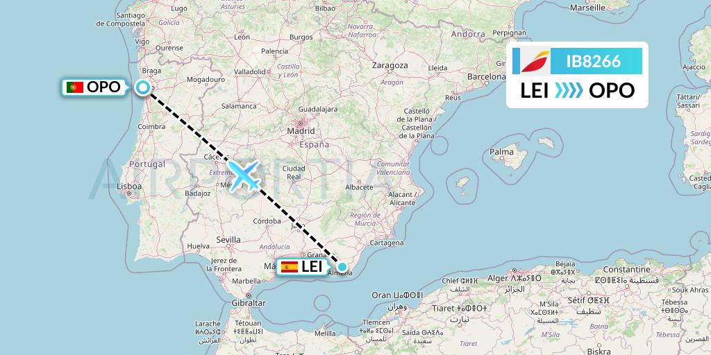 IB8266 Iberia Flight Map: Almeria to Porto