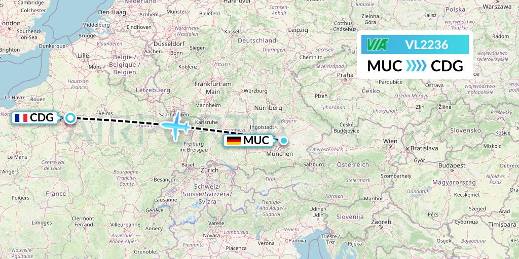 VL2236 Air Via Flight Map: Munich to Paris