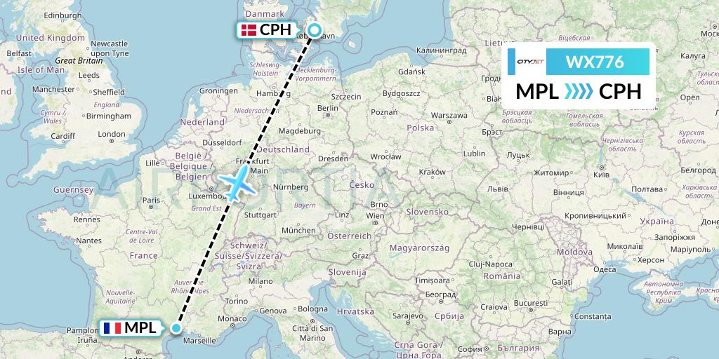 WX776 Cityjet Flight Map: Montpellier to Copenhagen