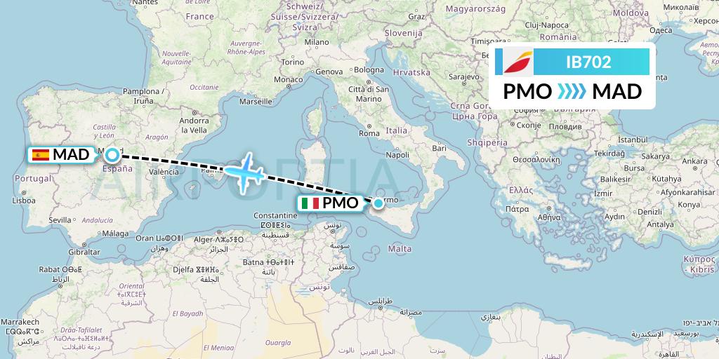IB702 Iberia Flight Map: Palermo to Madrid