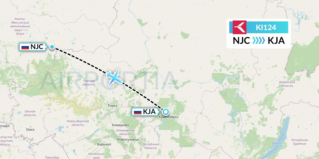 KI124 Krasavia Flight Map: Nizhnevartovsk to Krasnoyarsk