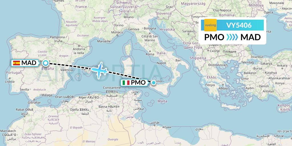 VY5406 Vueling Flight Map: Palermo to Madrid