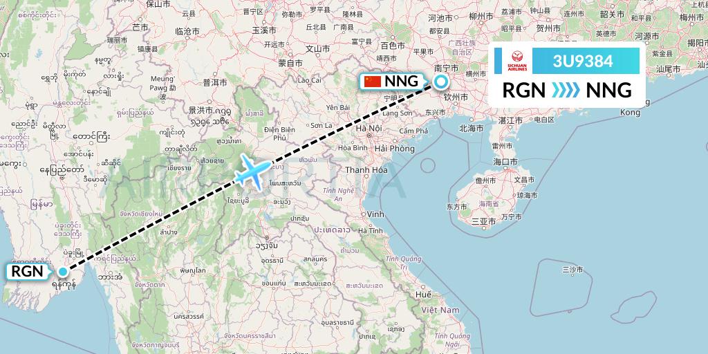 3U9384 Sichuan Airlines Flight Map: Yangon to Nanning