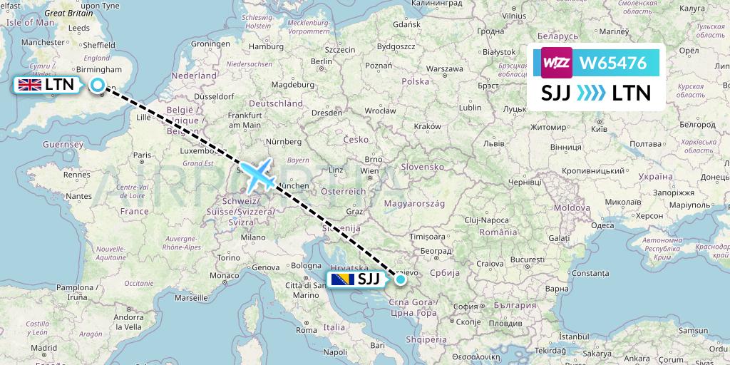 W65476 Wizz Air Flight Map: Sarajevo to London
