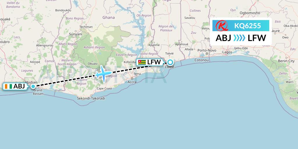 KQ6255 Kenya Airways Flight Map: Abidjan to Lome