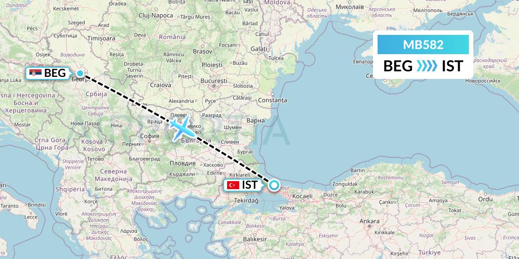 MB582 MNG Airlines Flight Map: Belgrade to Istanbul