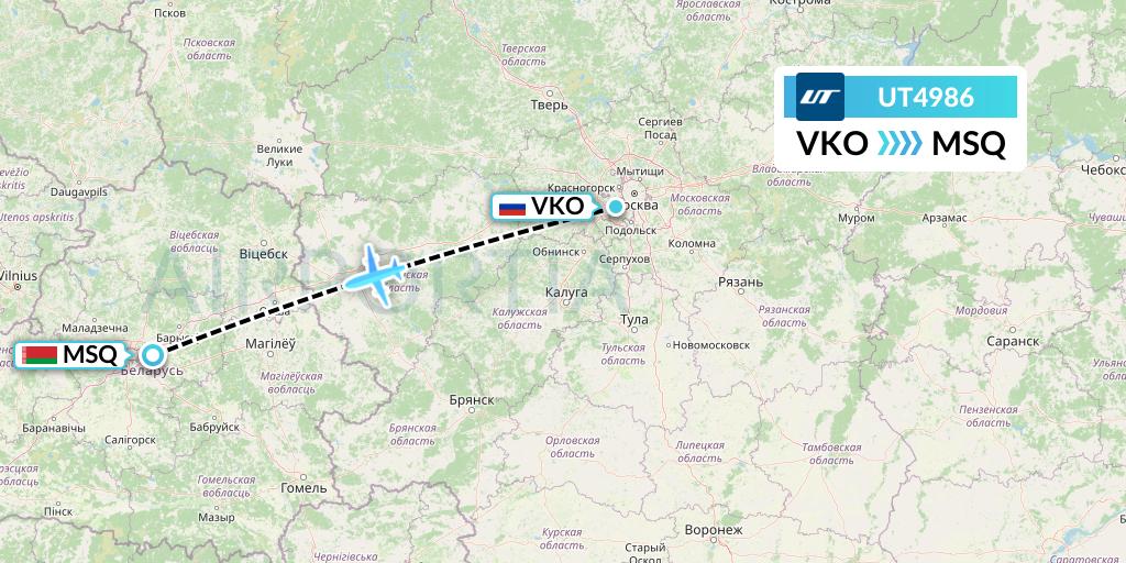 UT4986 UTair Flight Map: Moscow to Minsk