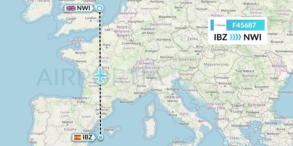 F45687 Air Flamenco Flight Map: Ibiza to Norwich